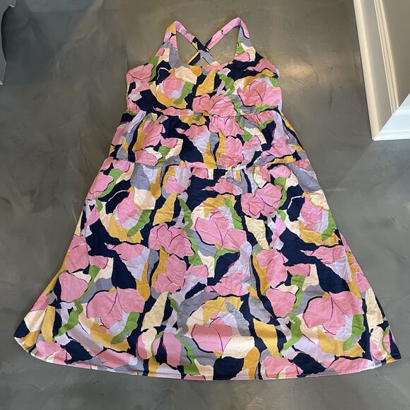Ava & Viv Women’s Abstract Floral Midi Dress Pink 2X Sundress Pockets Smocked - Picture 1 of 9
